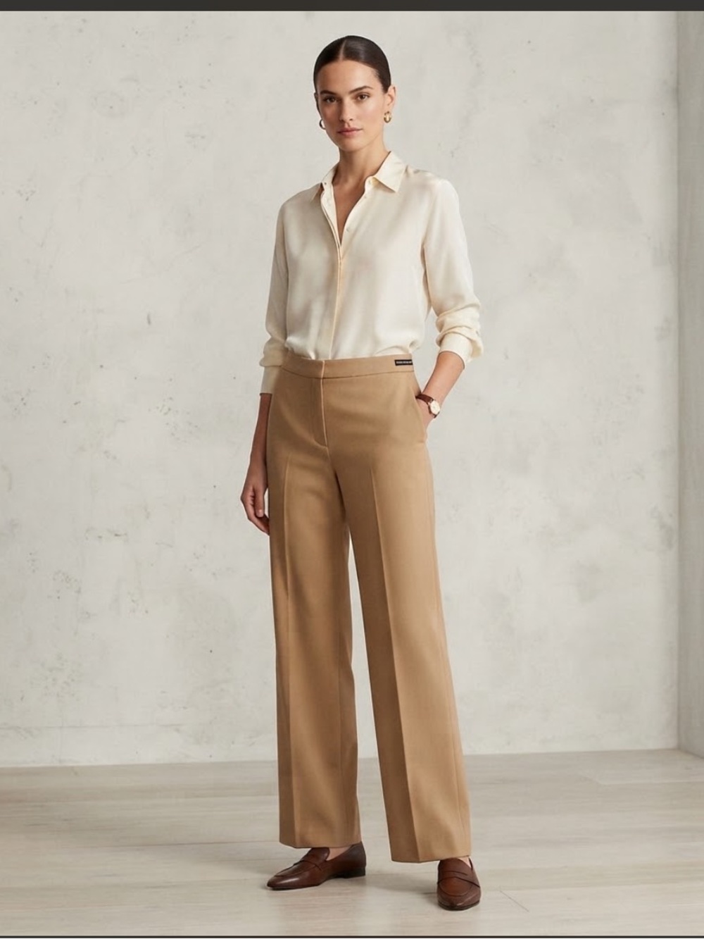 Linda Allard Ellen Tracy Women's Tan Wide Leg Dress Pants Wool Blend Size 12